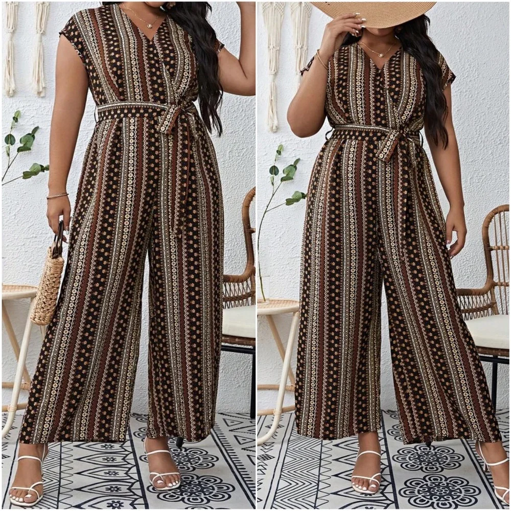 Boho Floral Print Surplice Belted Wide Leg Jumpsuit - Picture 3 of 3